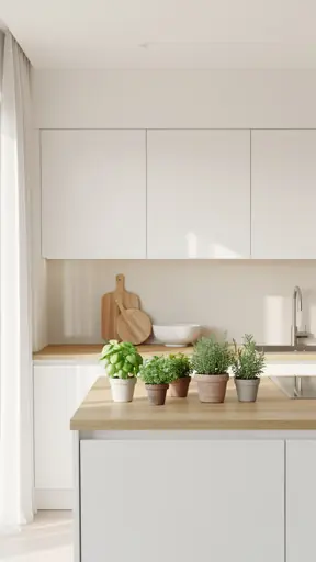 Bright modern kitchen interior with soft daylight, minimalist decor, fresh herbs on the counter, clean and natural atmosphere, no people, no text, vertical composition.
