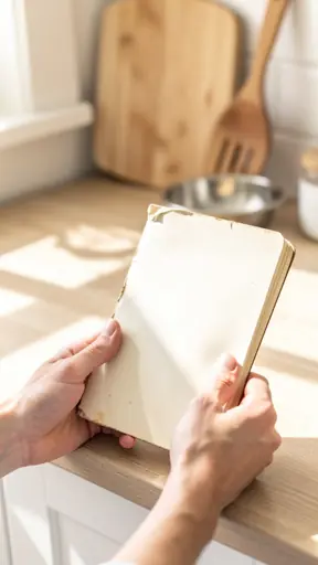 Close-up of hands holding a travel notebook in a bright kitchen, soft natural light, wooden cutting board and cooking utensils in background, minimal and authentic mood, no text, vertical composition.
