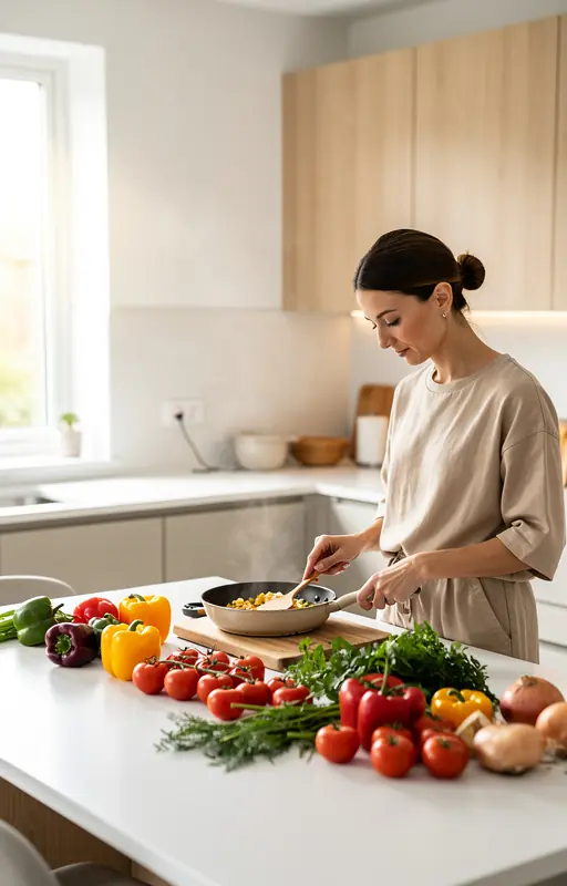 Lifestyle photo of a woman cooking a regional dish in a bright modern kitchen, soft daylight from a window, fresh vegetables on the counter, minimalist decor, natural tones, authentic atmosphere, no text, vertical composition.

