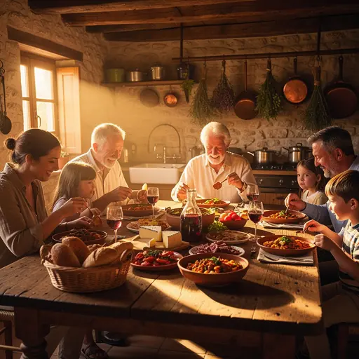 Warm family scene around a wooden table tasting regional dishes, multigenerational group smiling, rustic kitchen setting, golden hour light, authentic French countryside mood, no text, vertical composition.
