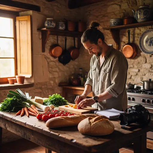 Editorial lifestyle photo of a food travel journalist preparing a regional dish in a rustic French kitchen, warm natural light, wooden table with fresh vegetables and bread, authentic atmosphere, no text, vertical composition.
