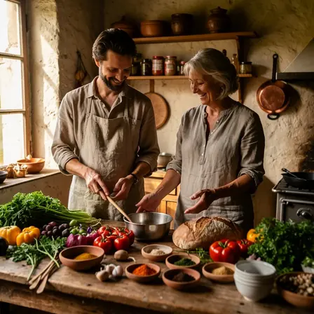 Warm lifestyle photo of two people preparing a traditional regional dish together in a rustic kitchen, natural light, fresh ingredients on wooden table, authentic atmosphere, editorial food travel style, no text, vertical composition.
