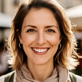 Close-up portrait of a friendly French traveler-foodie woman, natural light, warm smile, neutral background, realistic photography, subtle bokeh, no text, square crop.
