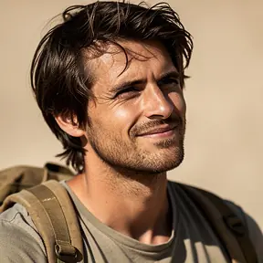 Close-up portrait of a French traveler man, relaxed and authentic, natural light, neutral background, realistic photography, subtle bokeh, no text, square crop.
