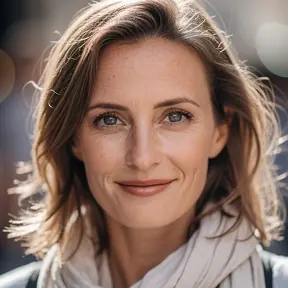 Close-up portrait of a French traveler-food lover woman, candid and sincere expression, natural light, neutral background, realistic photography, subtle bokeh, no text, square crop.
