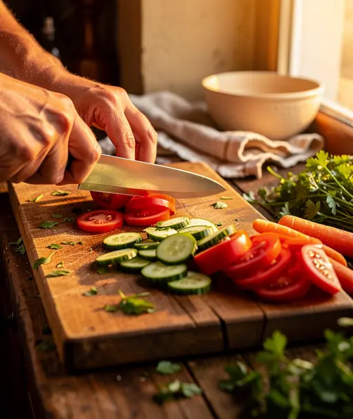 Close-up of hands slicing fresh vegetables on a wooden board in warm golden light, rustic kitchen atmosphere, natural tones, authentic food travel editorial style, no text, vertical composition.
