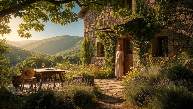 Gîte isolé en été dans les Cévennes sous un ciel bleu, entouré de nature luxuriante et lumière dorée