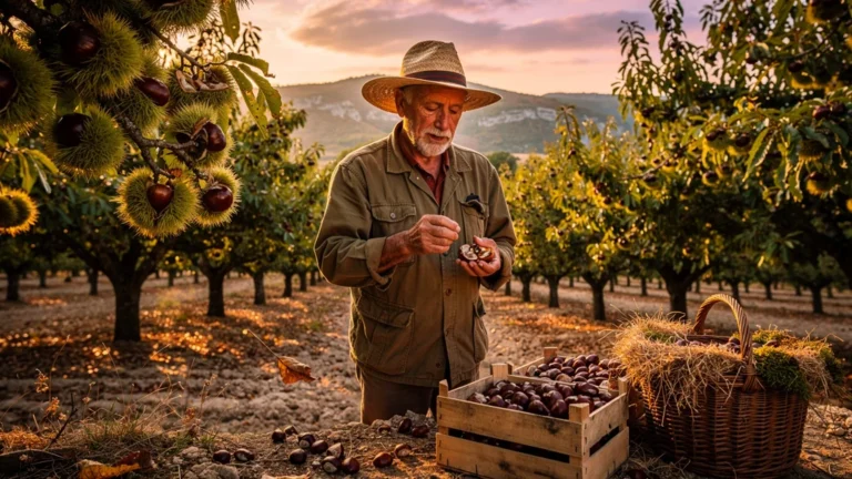 Champ de châtaigniers ardéchois en fin de journée avec castanéiculteur récoltant des châtaignes AOP