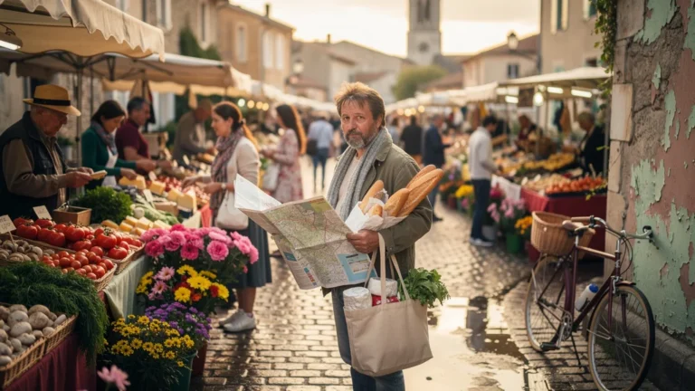 Scène hyperréaliste d’un homme fatigué dans trois marchés matinaux près d’Aubenas, ambiance vivante et colorée