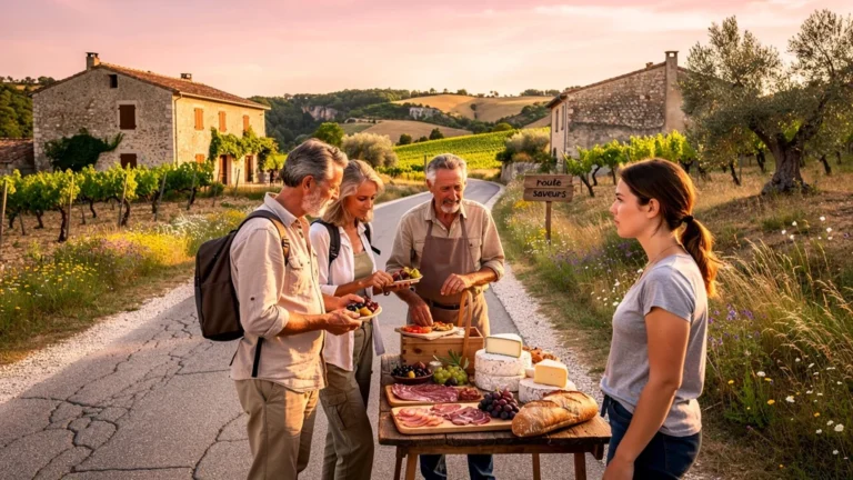 Paysage réaliste de la route des saveurs en Ardèche méridionale avec voyageurs et artisans locaux