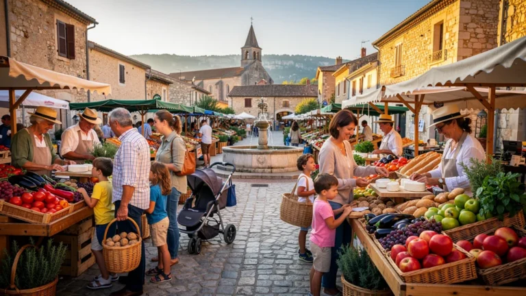 Familles découvrant les marchés de producteurs ardéchois en semaine, ambiance joyeuse et authentique