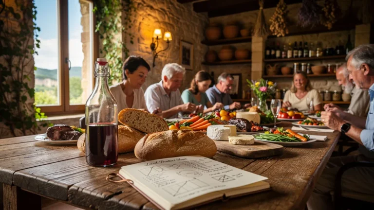 Repas en table d'hôtes ardéchoise avec part réelle des produits locaux sur une grande table rustique