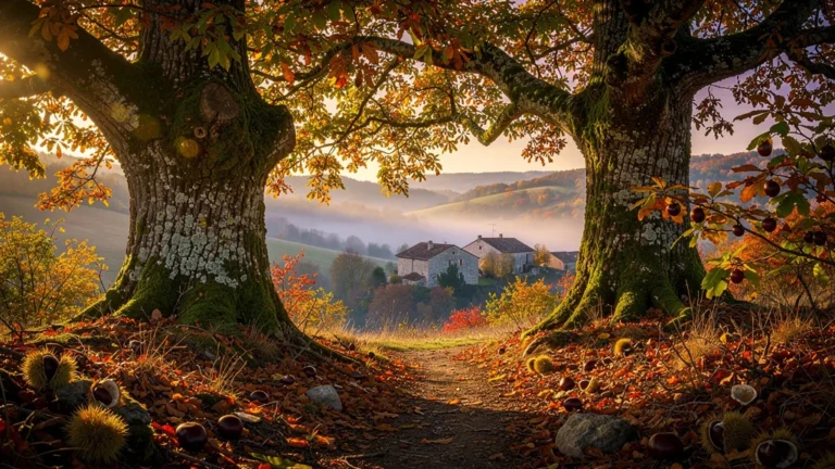 Forêt de châtaigniers aux Vans en automne, symbolisant un regret de visite manquée en 2021