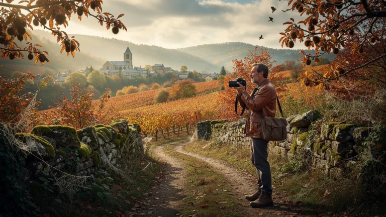 Journaliste dans le terroir ardéchois en automne, paysage naturel lumineux et authentique