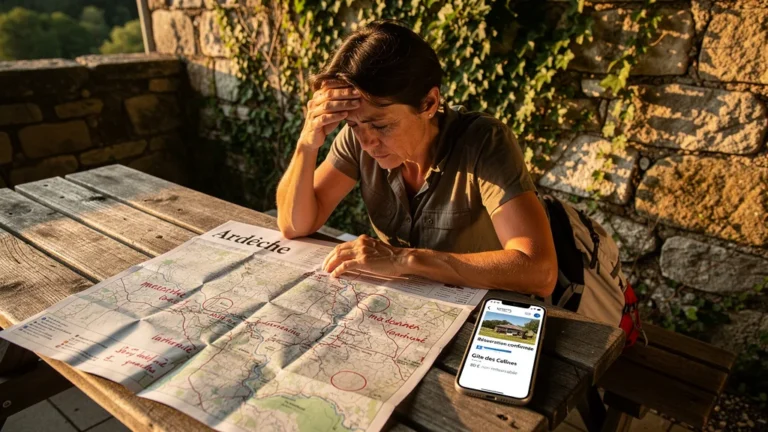 Femme déçue à la terrasse d’un gîte ardéchois après avoir perdu 80€ sans vérifier la distance aux marchés