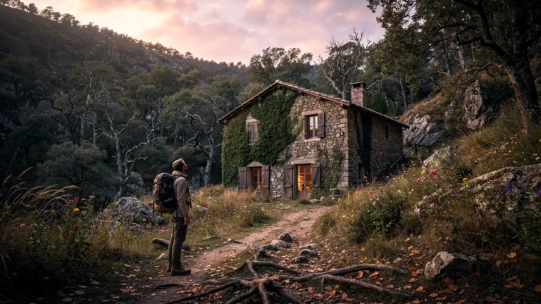 Gîte isolé dans les Cévennes ardéchoises au coucher du soleil, symbole de solitude et de nature sauvage