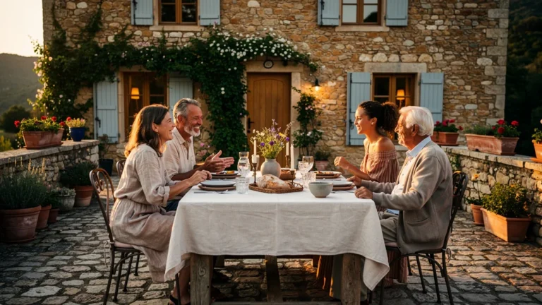 Terrasse d’un gîte aux Vans avec table d’hôtes conviviale sous lumière dorée du soir