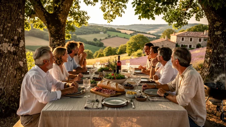 Table d'hôtes authentique en Ardèche du sud avec repas convivial en plein air sous un soleil doré