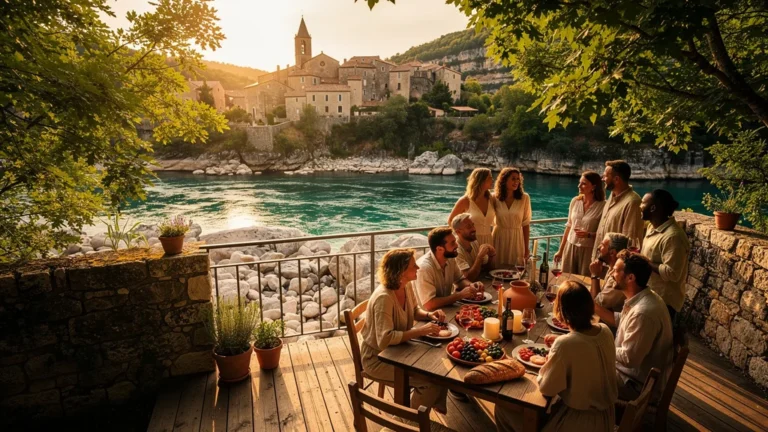 Terrasse partagée à Balazuc sur une crique ardéchoise, ambiance conviviale et paysage naturel