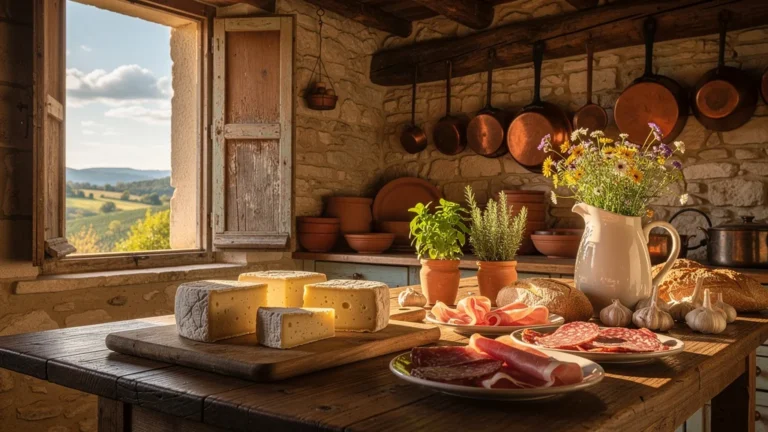 Cuisine ardéchoise authentique avec picodon et charcuterie dans un gîte traditionnel à Banne