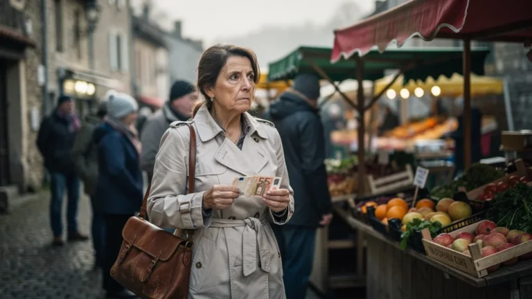 Femme déçue tenant 95 € perdus en faisant la queue au mauvais marché de Joyeuse un mardi matin