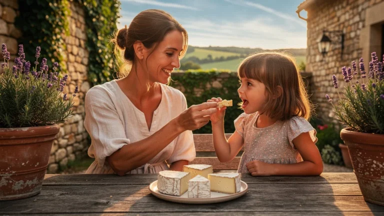 Mère et fille dégustant du picodon à Beaulieu dans un cadre rustique et ensoleillé