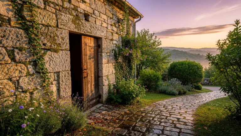 Gîte de pierre à Saint-Montan baigné de silence et lumière dorée au crépuscule, cadre parfait pour reportage apaisant