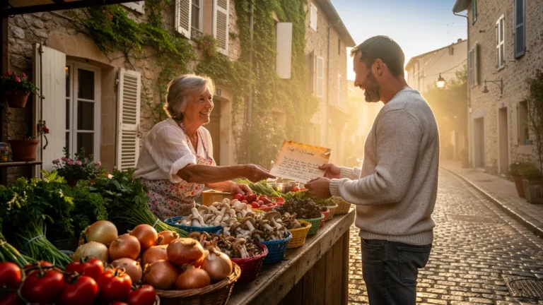 Marché matinal à Largentière avec échange d’une recette traditionnelle inspirante