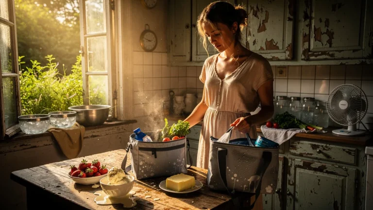Cottage d'été sans congélateur avec aliments fondant et frustration face à la chaleur intense