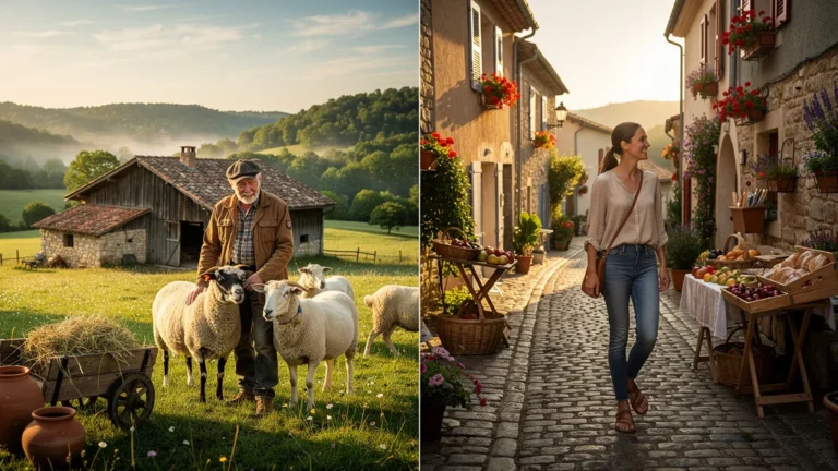 Hébergement chez un éleveur à Lablachère et village à Joyeuse en contraste visuel naturel et chaleureux