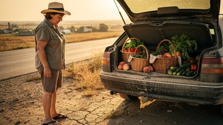 Femme déçue face à un coffre rempli de fruits abîmés après un échec gourmande en août