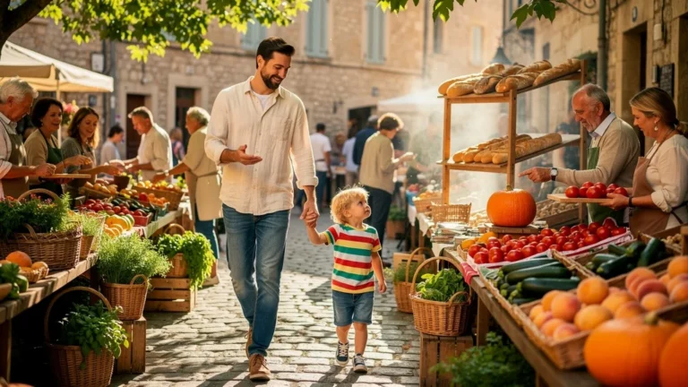 Marché paysan du jeudi à Aubenas, un papa et son enfant découvrent les produits locaux ensemble