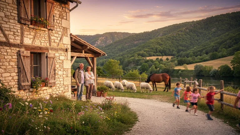 Ferme traditionnelle vallée du Chassezac avec couple et enfants, ambiance rurale authentique pour séjour gîte-ferme