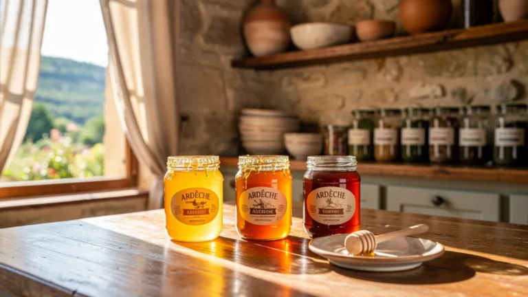 Test de quatre miels d'Ardèche du sud présentés dans une cuisine fraîche à Ruoms, ambiance rustique et lumineuse