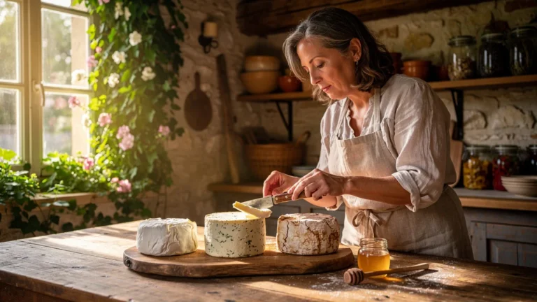 Test des fromages de chèvre artisanaux de la vallée du Beaume sur planche en bois dans cuisine rustique