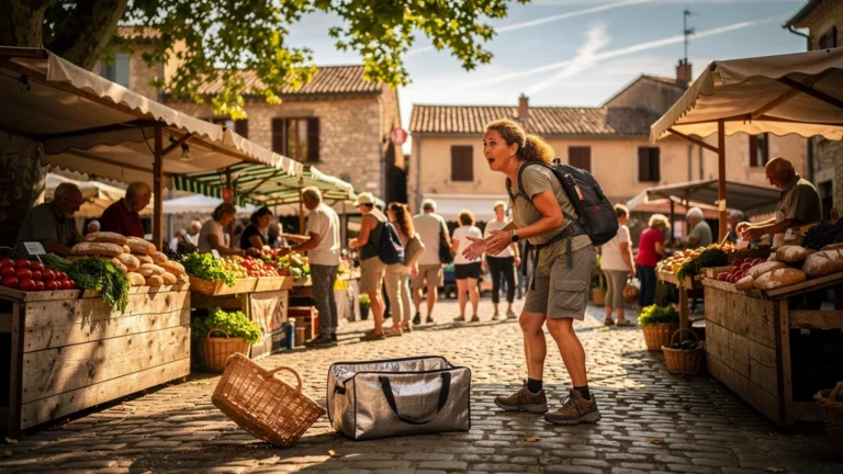 Scène réaliste au marché de Saint-Ambroix avec sac isotherme oublié, ambiance Ardèche ensoleillée