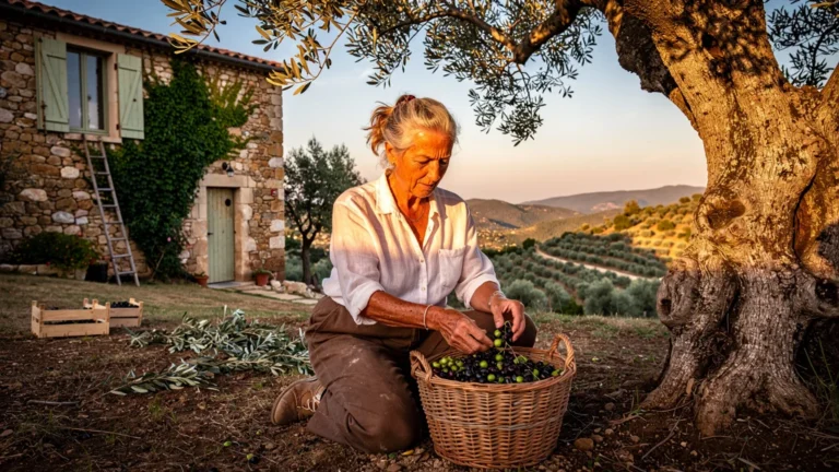 Cueillette d'olives à Banne devant un gîte rustique en lumière dorée d'automne, ambiance champêtre authentique