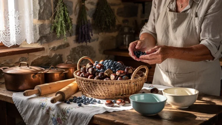 Cuisine rustique au gîte de Montselgues avec panier myrtille-châtaigne pour 48h de préparation