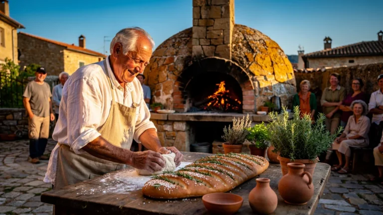 Four à pain communal à Naves avec boulanger préparant une fougasse traditionnelle au feu de bois