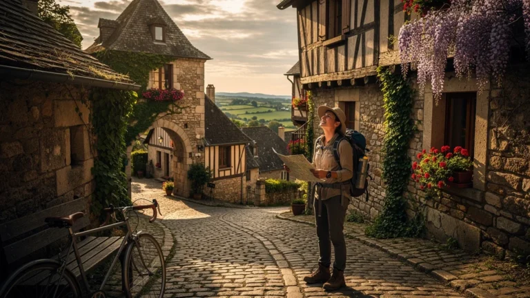 Voyageur fatigué devant un village de caractère pittoresque après une journée de visite intense