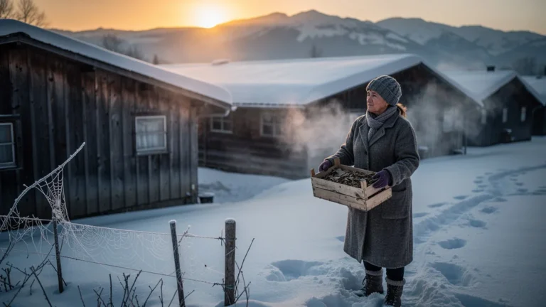 Magnaneries enneigées en hiver avec femme contemplant la fermeture saisonnière des fermes à soie