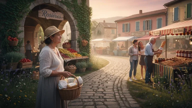 Vue réaliste du choix entre le marché de Rosières et celui des Vans au petit matin en Provence