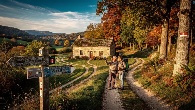 Sentiers patrimoine en boucle depuis un gîte de Dompnac avec balisage et trace GPS en forêt