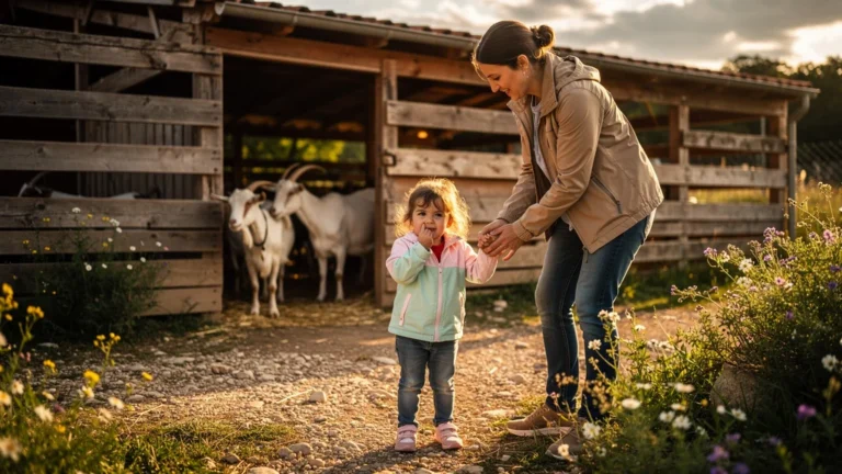 Fille hésitante face à l’odeur forte d’une chèvrerie aux fermes pédagogiques du sud Ardèche
