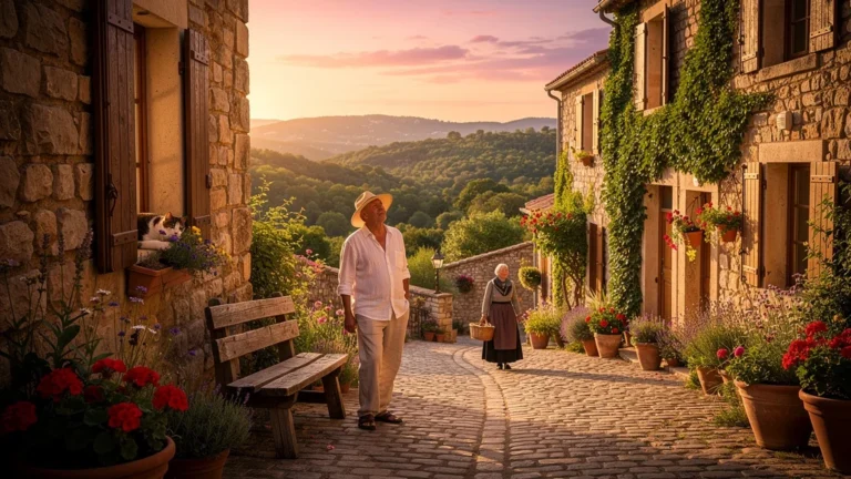 Village de caractère du sud Ardèche au coucher du soleil, rue pavée et maison en pierre authentique