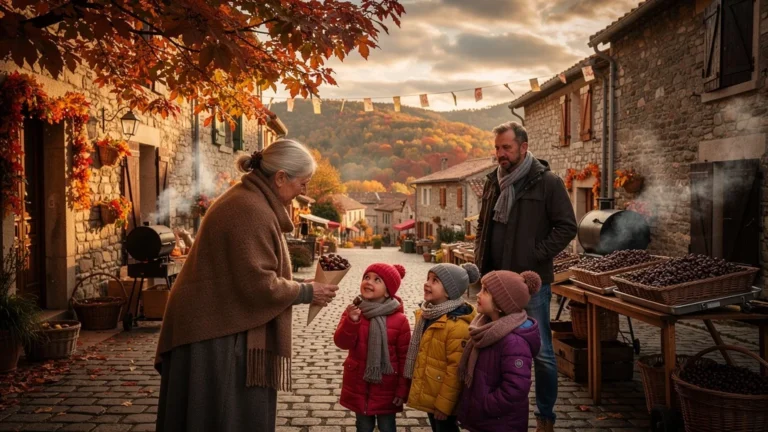 Photo réaliste de la castagnade d’Antraigues en octobre, ambiance automnale et regrets nostalgiques