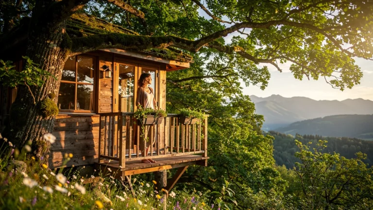 Vue hyperréaliste d'une cabane perchée à Chassiers avec une femme contemplative au lever du soleil