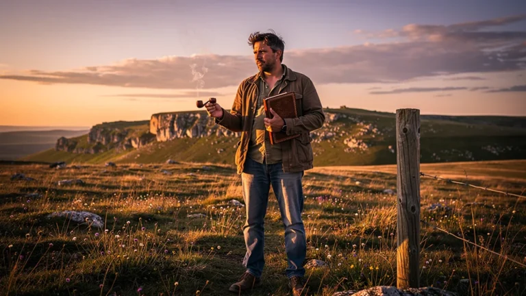 Écrivain sur le plateau des Gras avec une bombine, paysage naturel et patrimoine culturel en lumière dorée