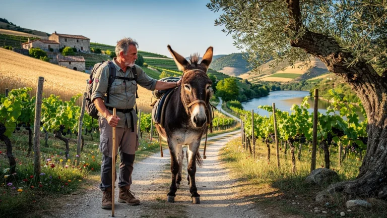 Hiker with donkey refusing to move on a rural path showcasing terroir landscape under warm sunlight