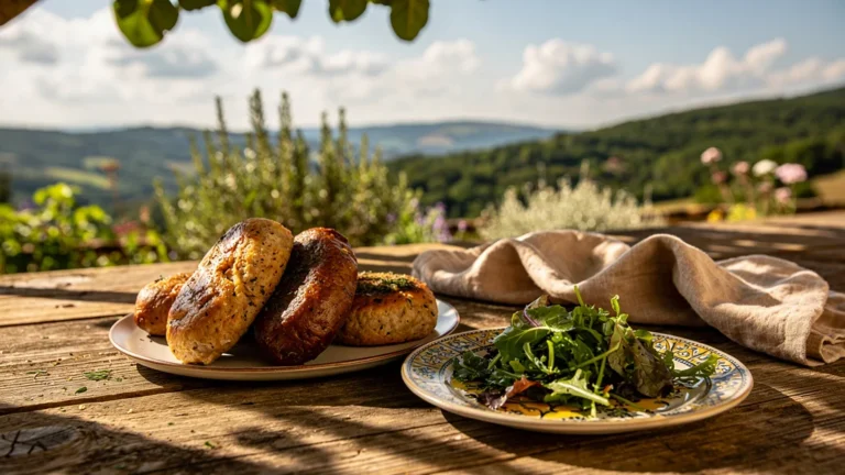 Photographie réaliste de quatre caillettes ardéchoises sur une table en bois près d'un gîte à Chassiers
